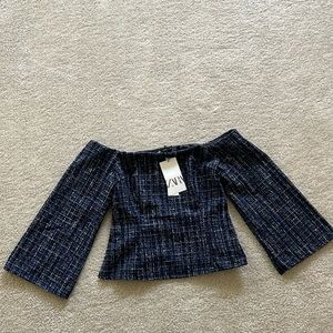 Brand new tweed off shoulder navy blue Zara blouse shirt evening outfit top